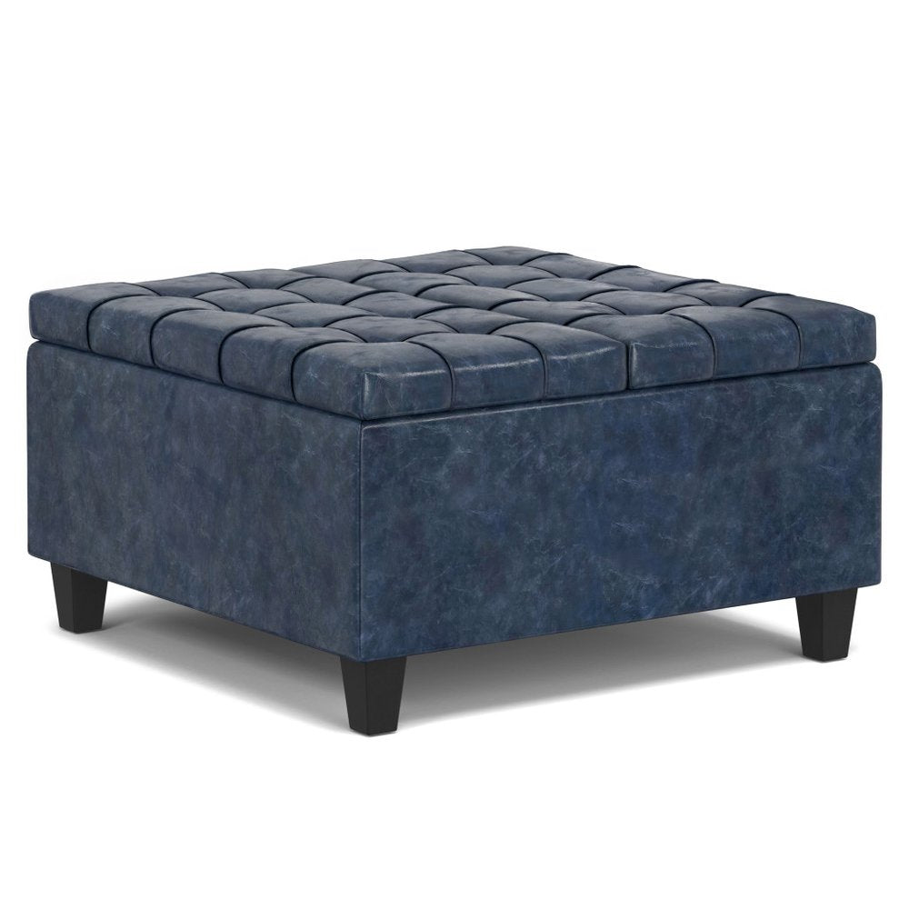 30" Denim Blue And Black Faux Leather Tufted Ottoman With Storage