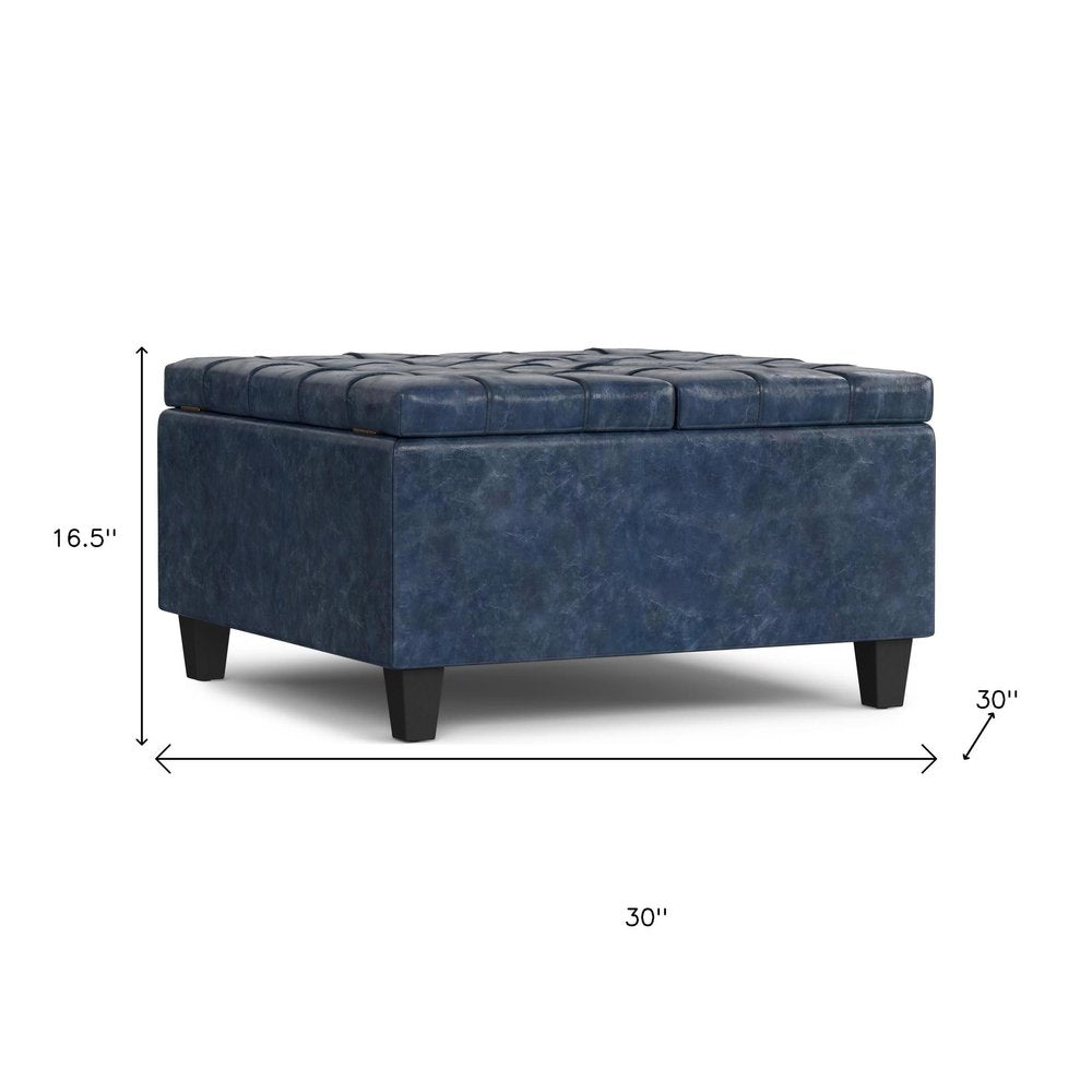 30" Denim Blue And Black Faux Leather Tufted Ottoman With Storage