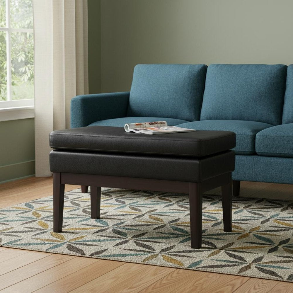26" Black And Walnut Faux Leather Ottoman — view 5