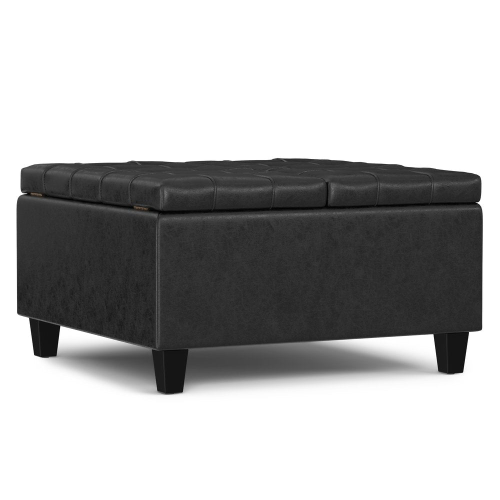 30" Denim Blue And Black Faux Leather Tufted Ottoman With Storage