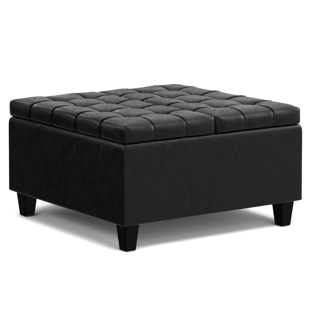 30" Denim Blue And Black Faux Leather Tufted Ottoman With Storage — view 12