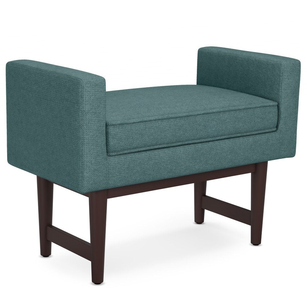 29" Teal Blue And Walnut Linen Ottoman HomeRoots