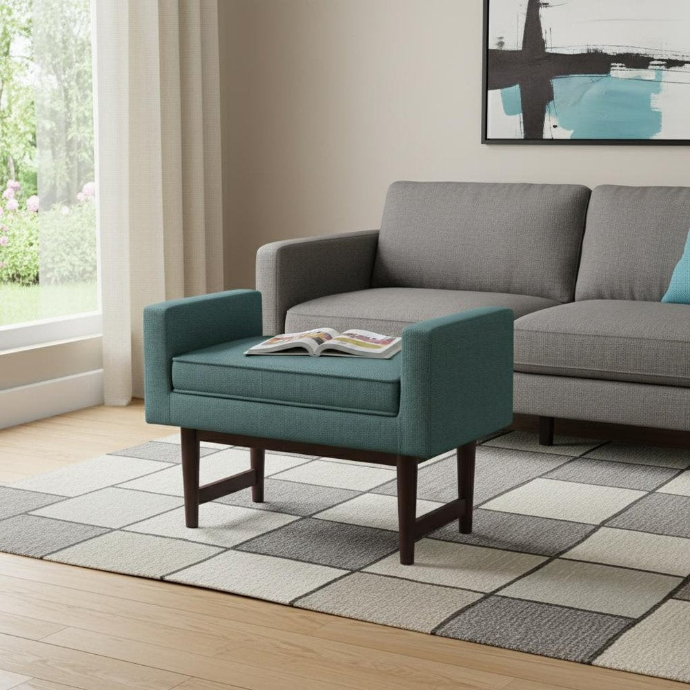 29" Teal Blue And Walnut Linen Ottoman HomeRoots