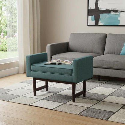 29" Teal Blue And Walnut Linen Ottoman HomeRoots