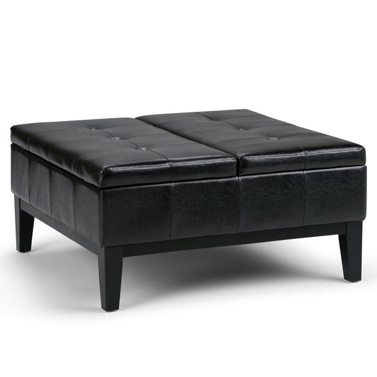 36" Black And Dark Brown Faux Leather Tufted Ottoman With Storage