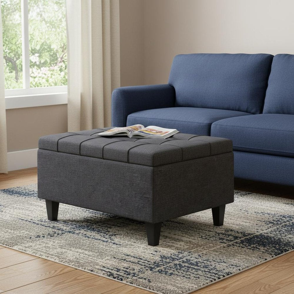 34" Gray and Dark Brown Linen Tufted Cocktail Ottoman With Storage — view 6