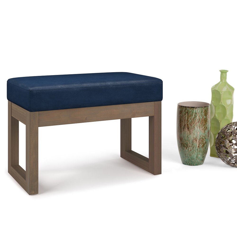 27" Dark Blue And Brown Faux Leather Footstool — view 2