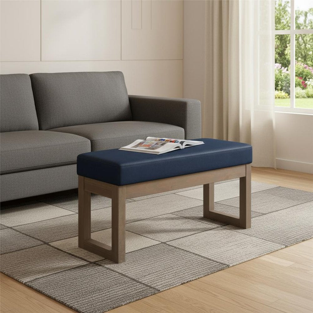 27" Dark Blue And Brown Faux Leather Footstool — view 6