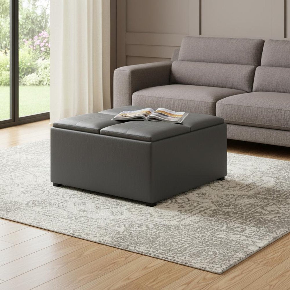 35" Stone And Dark Brown Faux Leather Ottoman With Storage HomeRoots