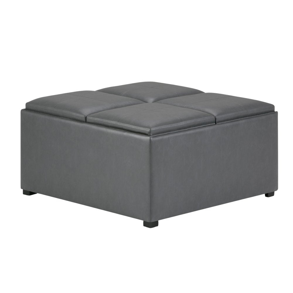 35" Stone And Dark Brown Faux Leather Ottoman With Storage