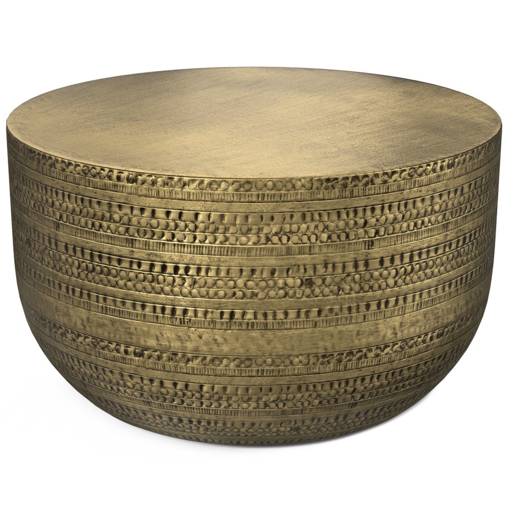 18" Powder Coated Antiqued Gold Distressed Iron Round Drum End Table — view 1