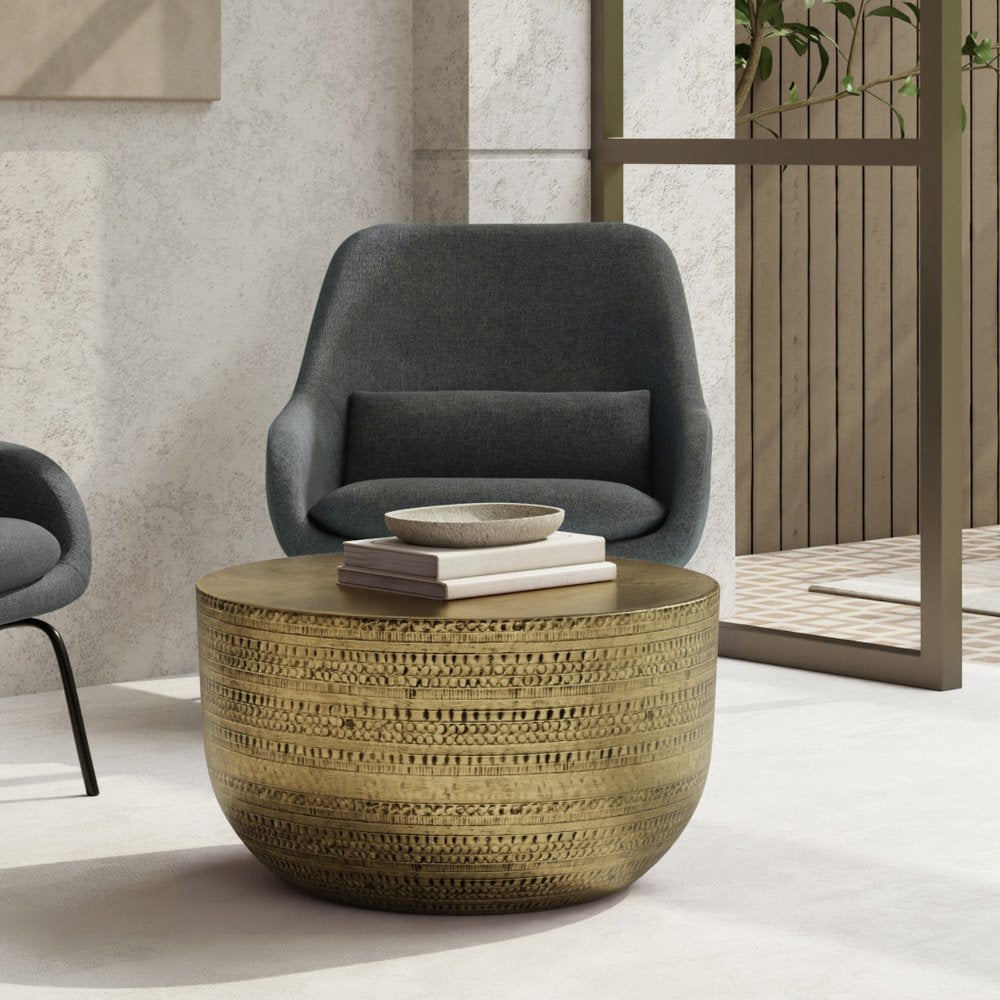 18" Powder Coated Antiqued Gold Distressed Iron Round Drum End Table — view 3