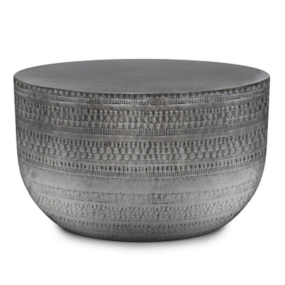 18" Antique Silver Distressed Iron Round Drum End Table HomeRoots