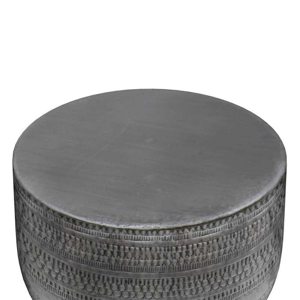18" Antique Silver Distressed Iron Round Drum End Table HomeRoots