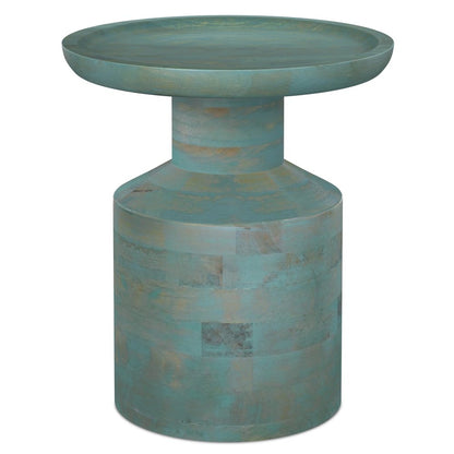 18" Teal Blue Distressed Solid Wood Round Pedestal End Table