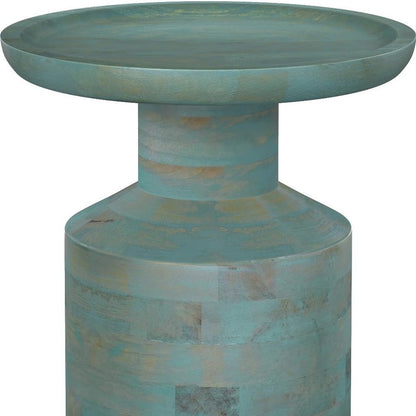 18" Teal Blue Distressed Solid Wood Round Pedestal End Table