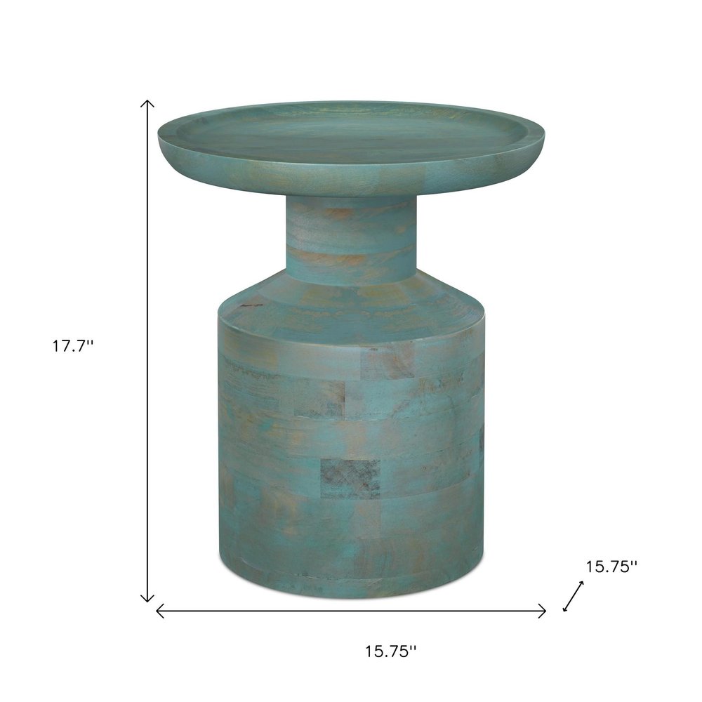 18" Teal Blue Distressed Solid Wood Round Pedestal End Table — view 4