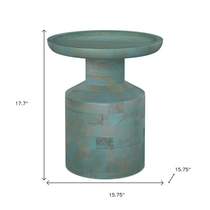 18" Teal Blue Distressed Solid Wood Round Pedestal End Table