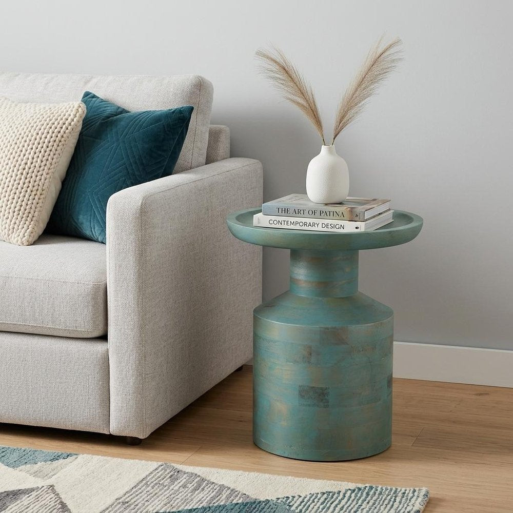 18" Teal Blue Solid Wood Round Pedestal End Table — view 5