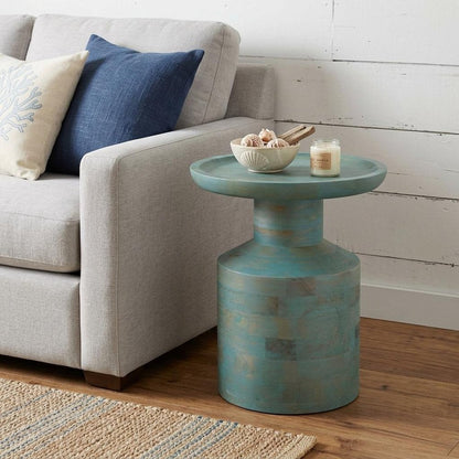 18" Teal Blue Solid Wood Round Pedestal End Table HomeRoots