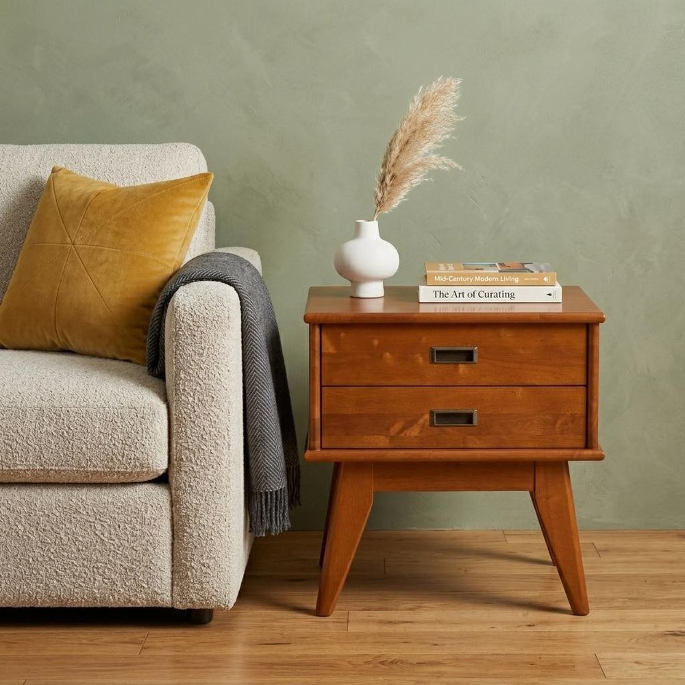 22" Varnished Brown Wood End Table With Two Drawers — view 5