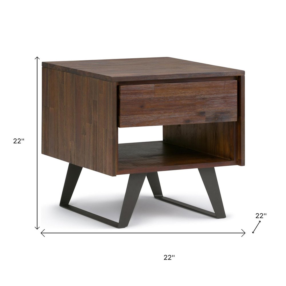 22" Brown Solid Wood and Iron Square Sled End Table With Drawer And Shelf HomeRoots