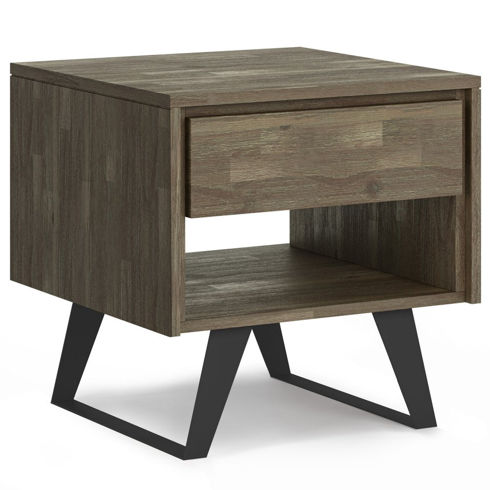 22" Gray Black and Varnished Distressed Solid Wood and Iron Square Sled End Table With Drawer And Shelf — view 2
