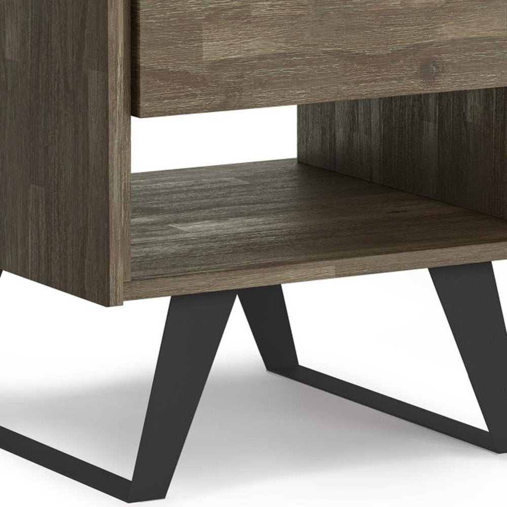 22" Gray Black and Varnished Distressed Solid Wood and Iron Square Sled End Table With Drawer And Shelf HomeRoots