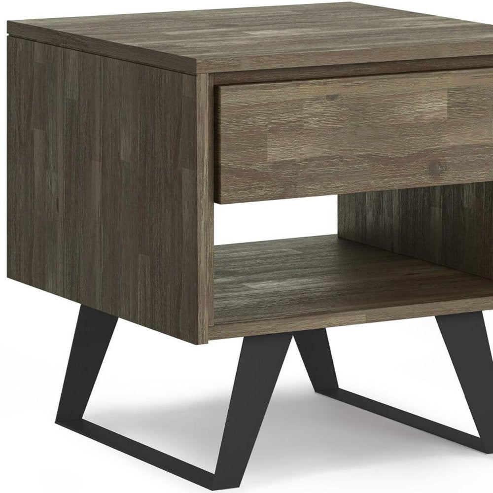 22" Gray Black and Varnished Distressed Solid Wood and Iron Square Sled End Table With Drawer And Shelf HomeRoots