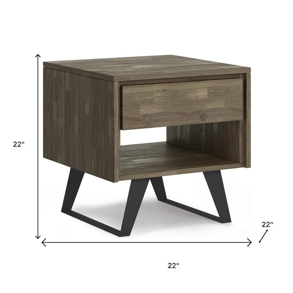 22" Brown And Black Distressed Solid Wood And Iron Square Sled End Table With Drawer And Shelf