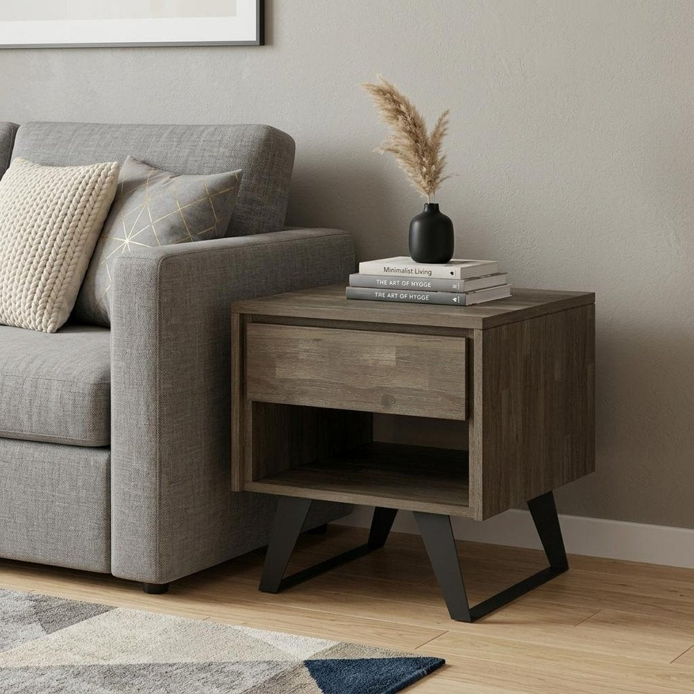 22" Brown And Black Distressed Solid Wood And Iron Square Sled End Table With Drawer And Shelf