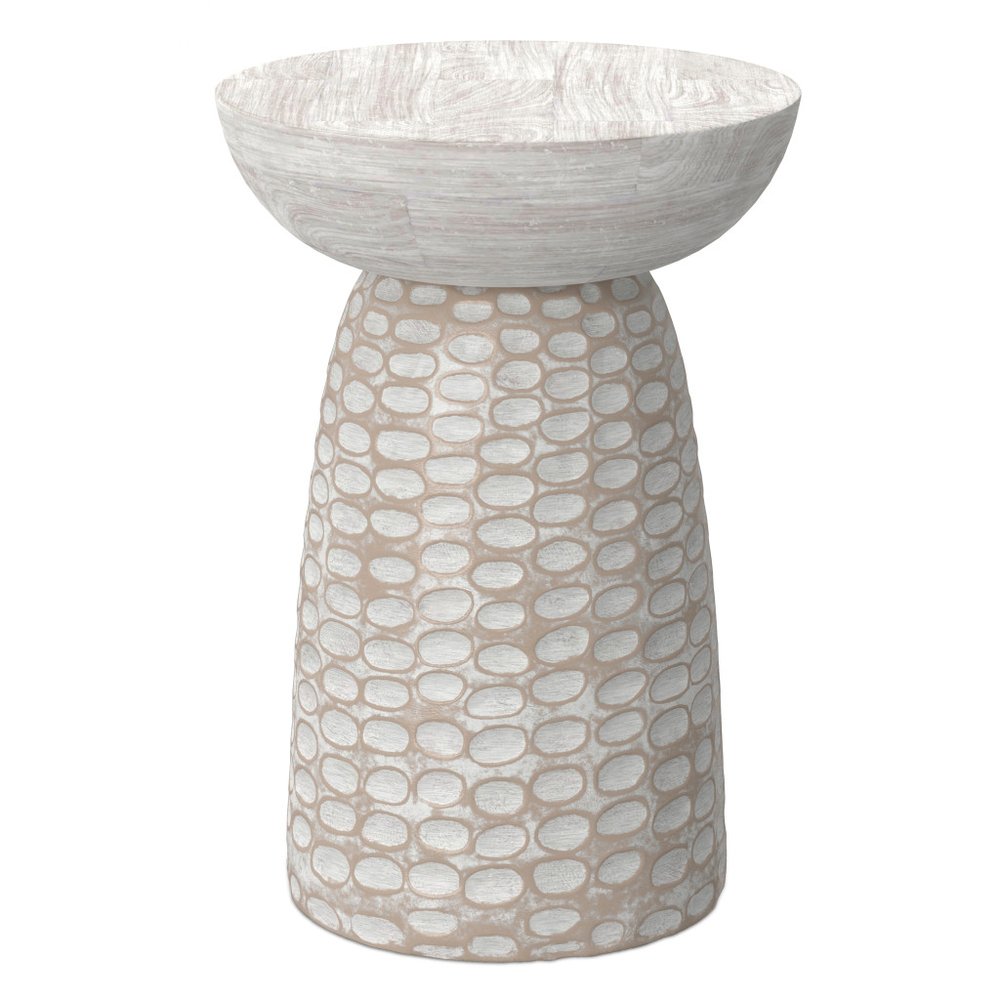 18" Natural and White Distressed Solid Wood Round Pedestal End Table HomeRoots