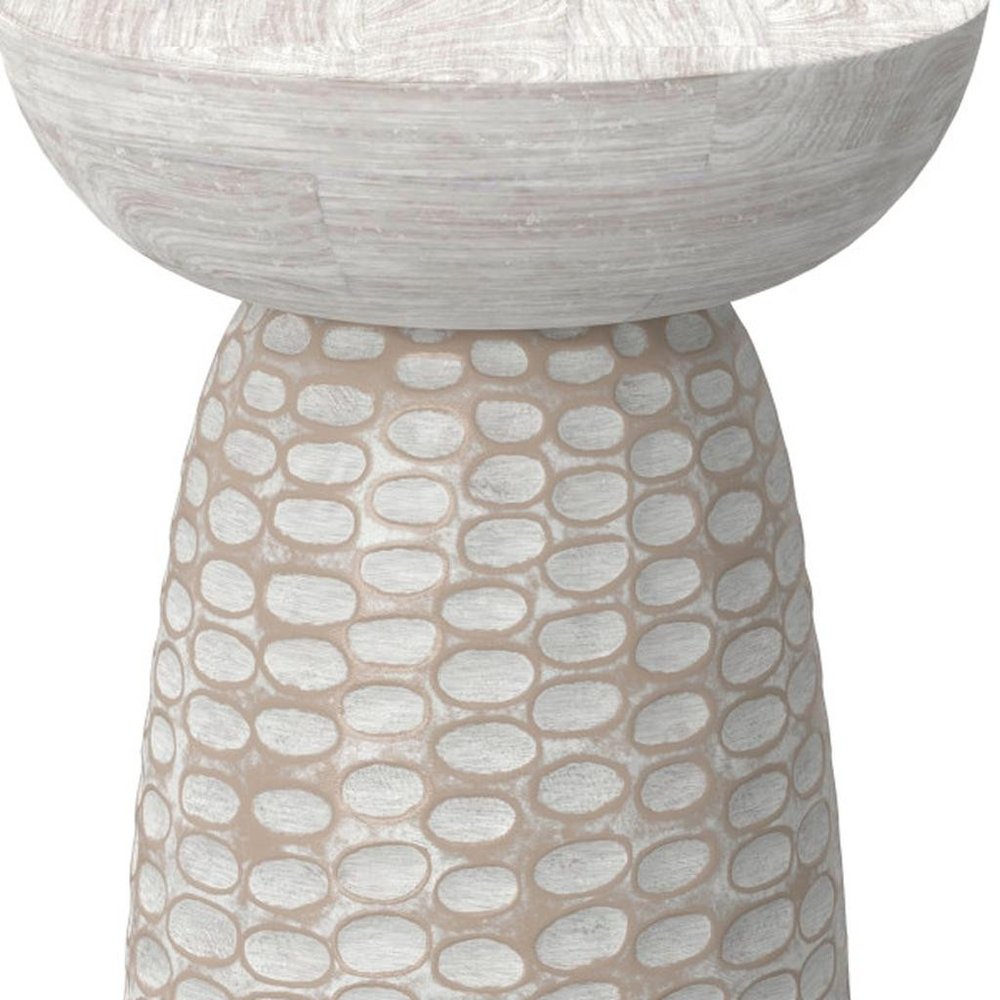 18" Natural and White Distressed Solid Wood Round Pedestal End Table HomeRoots