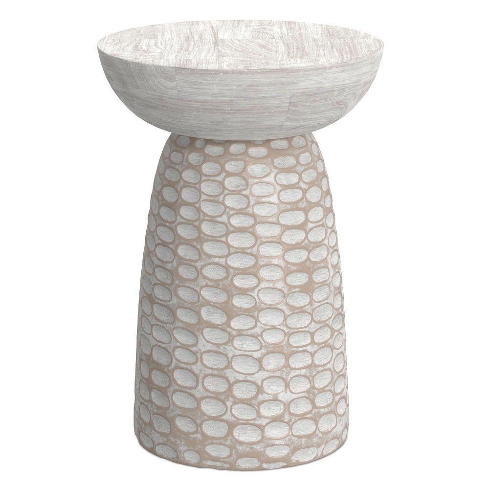 18" Natural and White Distressed Solid Wood Round Pedestal End Table HomeRoots