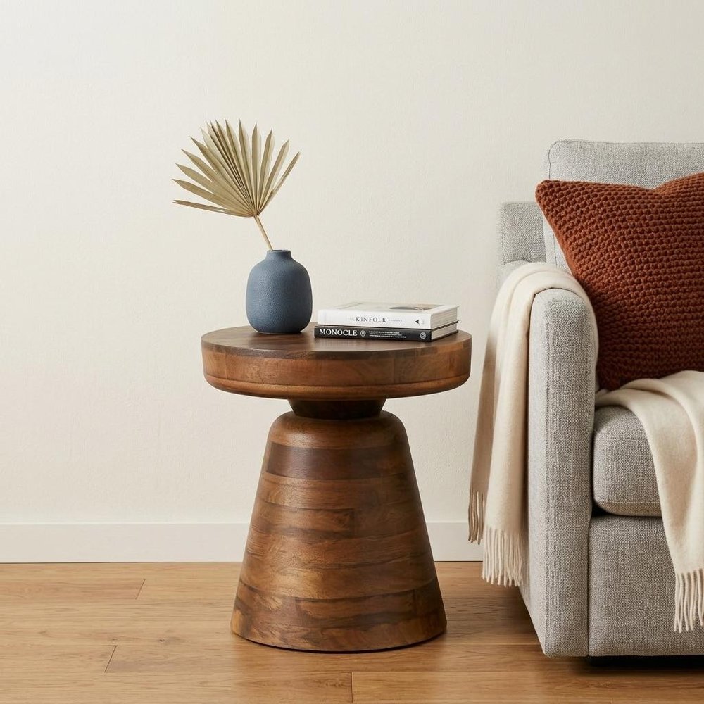 18" Brown Solid Wood Round Pedestal End Table HomeRoots