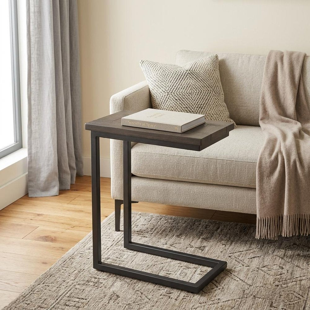 24" Walnut And Black Solid Wood And Iron End Table