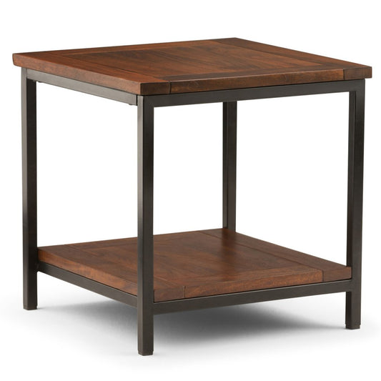 22" Dark Brown and Black Solid Wood and Steel Square End Table With Shelf