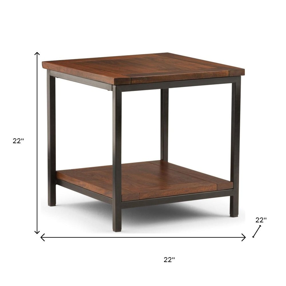 22" Brown Solid Wood and Iron Square End Table With Shelf HomeRoots