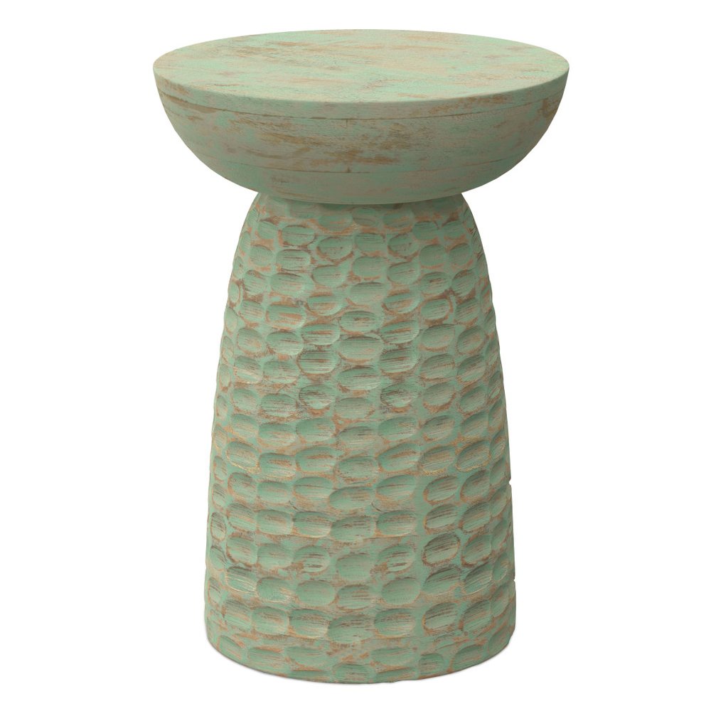 18" Green and Natural Distressed Solid Wood Round Pedestal End Table HomeRoots