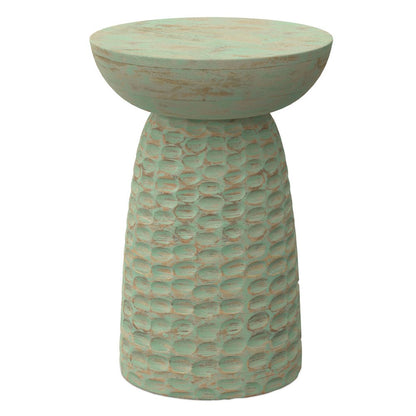 18" Green and Natural Distressed Solid Wood Round Pedestal End Table HomeRoots