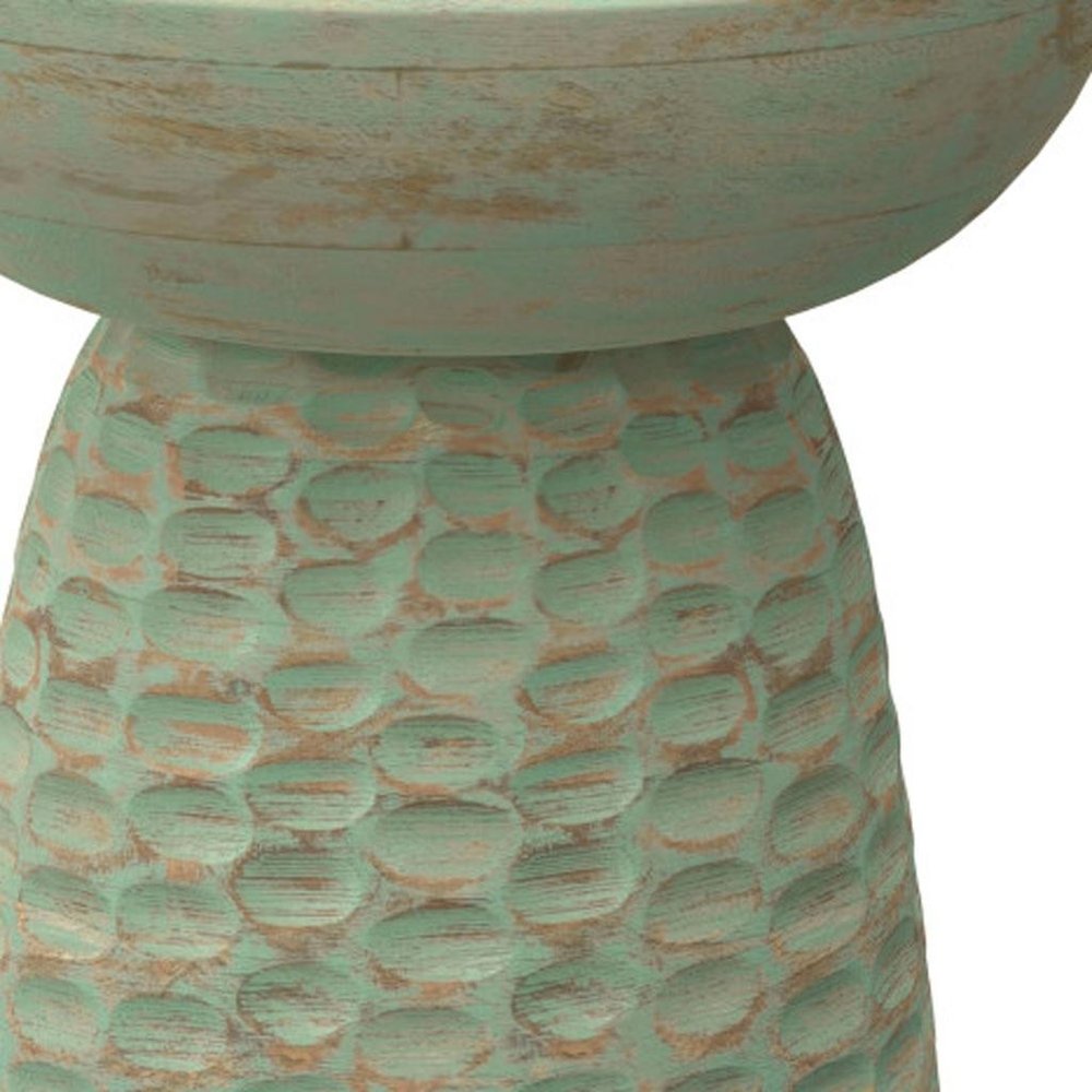 18" Green and Natural Distressed Solid Wood Round Pedestal End Table HomeRoots