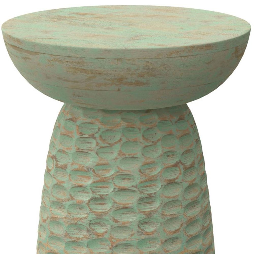 18" Green and Natural Distressed Solid Wood Round Pedestal End Table HomeRoots