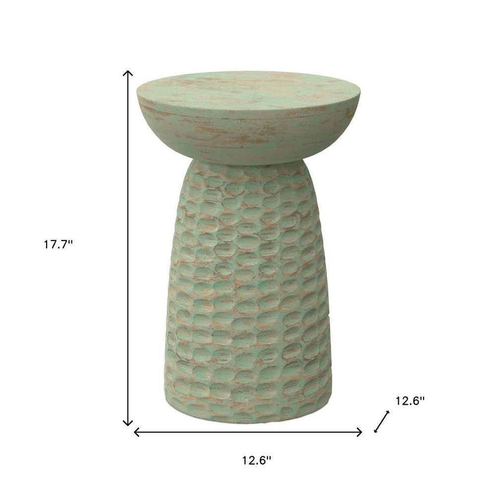 18" Green and Natural Distressed Solid Wood Round Pedestal End Table HomeRoots