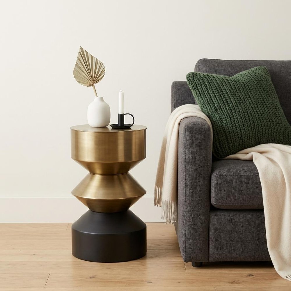 20" Brass and Black Iron Round Pedestal End Table HomeRoots