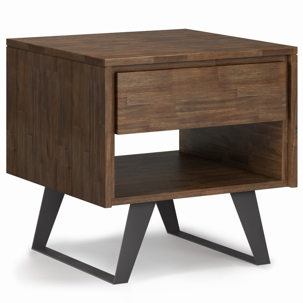 22" Gray Black and Varnished Distressed Solid Wood and Iron Square Sled End Table With Drawer And Shelf — view 6
