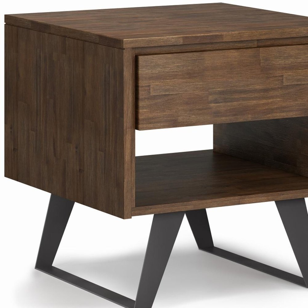 22" Gray Black and Varnished Distressed Solid Wood and Iron Square Sled End Table With Drawer And Shelf — view 8