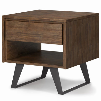 22" Brown And Black Distressed Solid Wood And Iron Square Sled End Table With Drawer And Shelf