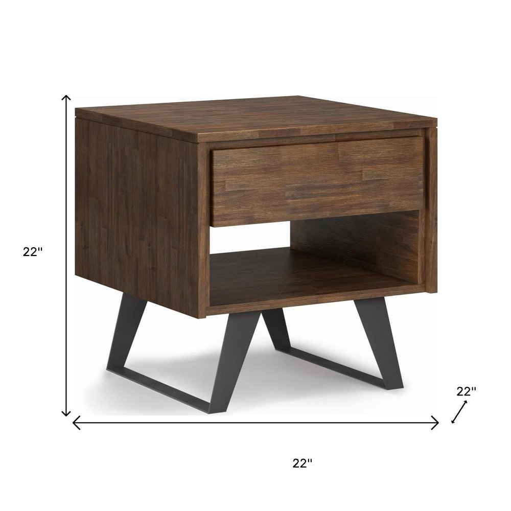 22" Brown And Black Distressed Solid Wood And Iron Square Sled End Table With Drawer And Shelf