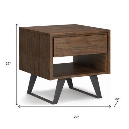 22" Gray Black and Varnished Distressed Solid Wood and Iron Square Sled End Table With Drawer And Shelf HomeRoots