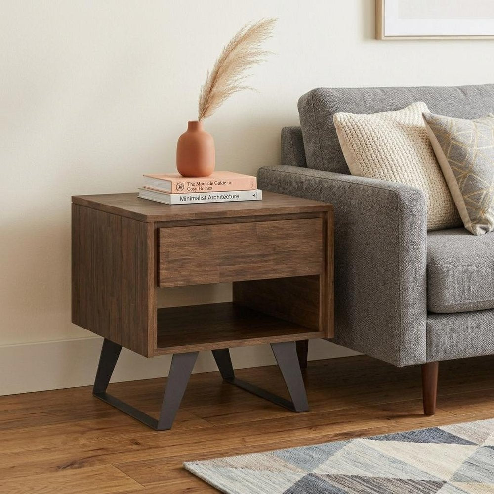 22" Gray Black and Varnished Distressed Solid Wood and Iron Square Sled End Table With Drawer And Shelf HomeRoots